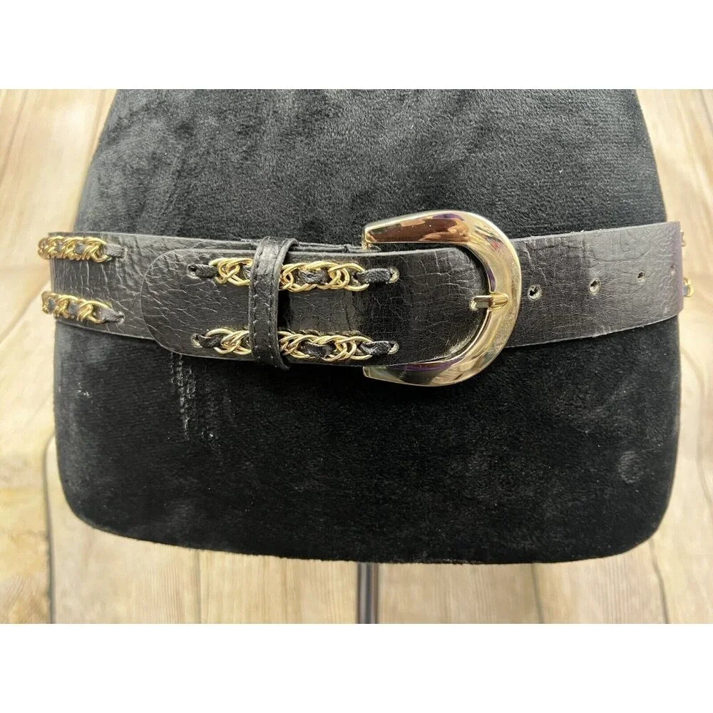 Women Faux Leather Belt Double Gold Tone Chain Sz S Mob Wife‎ Chic Statement